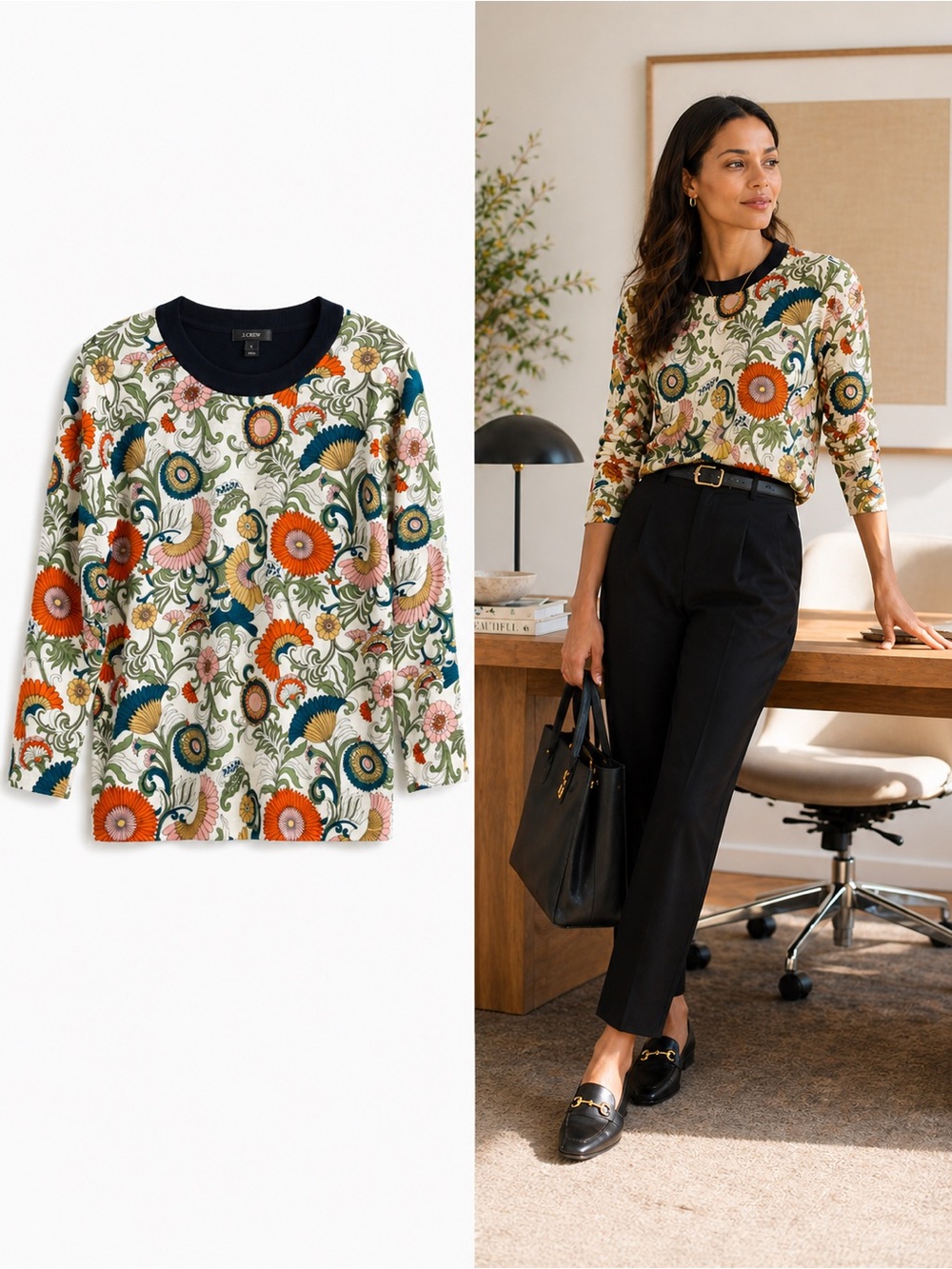 J.Crew Tippi Ornate Floral Merino Wool Sweater Size L Black Label 3/4 Sleeve